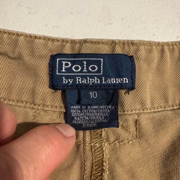 Polo Ralph Lauren Boys Size 10 Khaki Shorts Polo Crest Green Number 5 Preppy - Picture 2 of 11